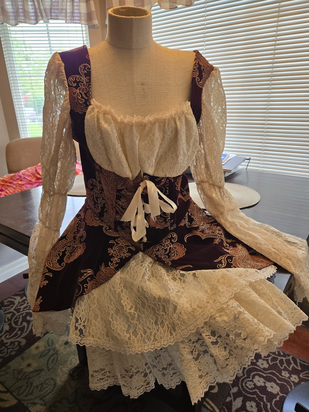 Lace Trim Burgundy Renaissance Bodice Dress with Cream Lace